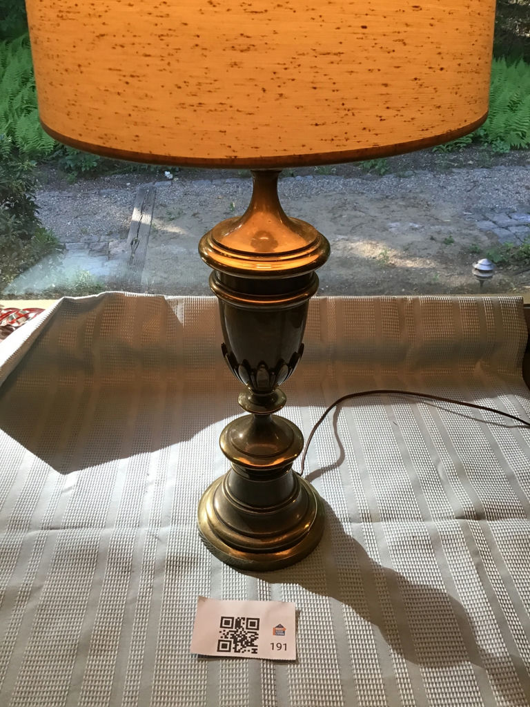 Vintage brass table lamp with amber drum shade - image 1 of 3