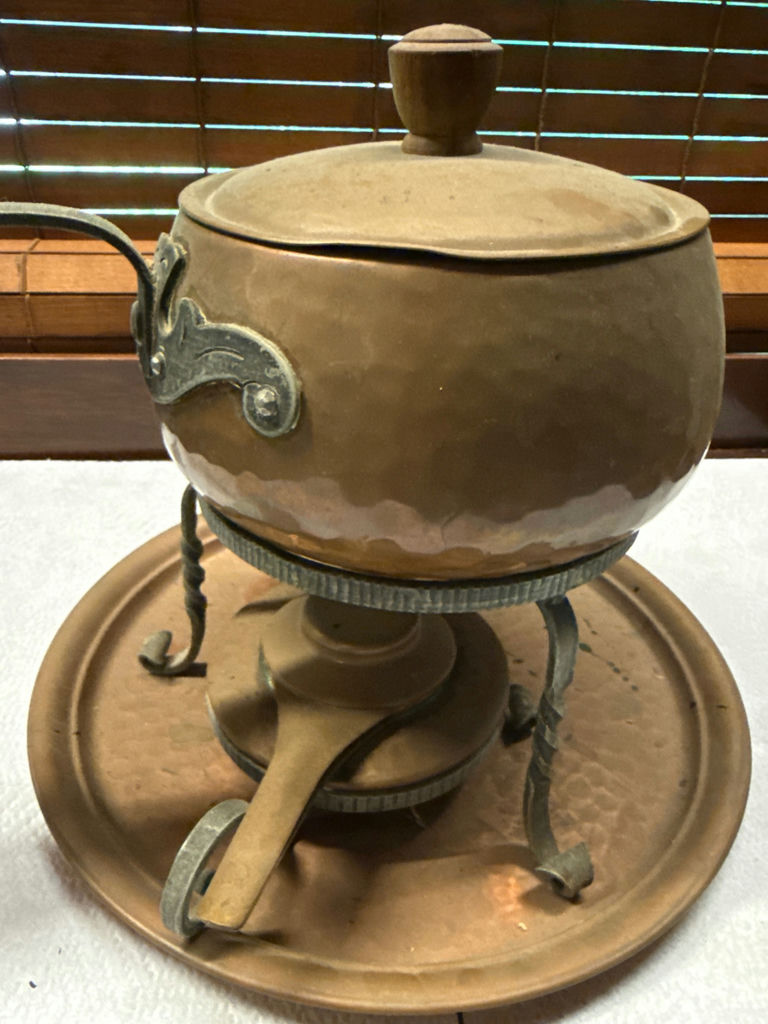 Hammered copper kettle with lid on vintage warming stand - image 2 of 5