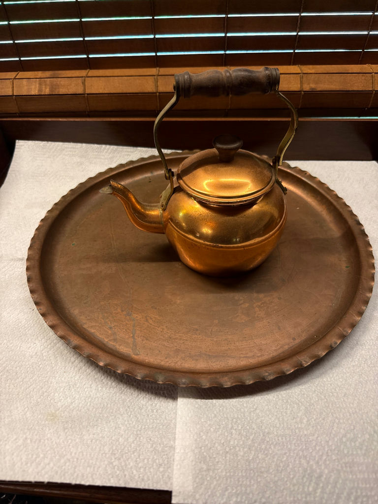 Copper teapot on hammered copper tray - image 1 of 5