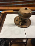 Hammered copper kettle with lid on vintage warming stand - thumbnail 1 of 5