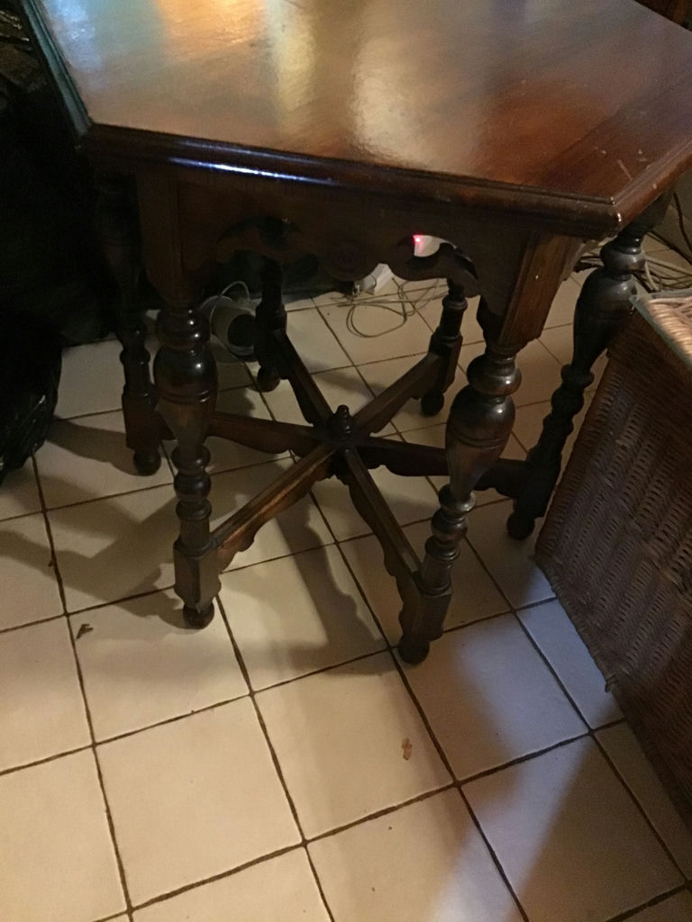 Wooden table with turned legs and 6 sided top. - image 2 of 3