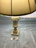 Table lamp with carved pedestal base and beige lampshade - thumbnail 1 of 3