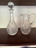 Crystal decanter with stopper and matching cut-crystal pitcher - thumbnail 1 of 2