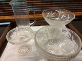 Clear cut-glass pitcher and etched bowls - thumbnail 1 of 3