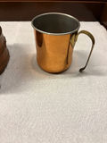 Group of vintage copper kitchenware: pot with wooden handle, mug, and perforated insert - thumbnail 3 of 5