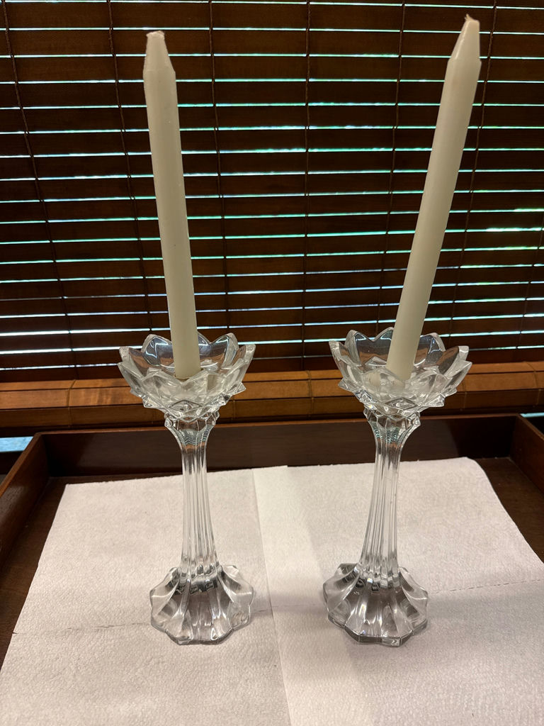 Crystal candlestick pair with taper candles - image 1 of 2