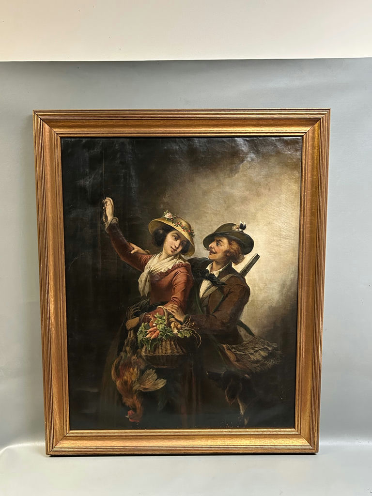 1900s European Couple Portrait Oil on Canvas - image 1 of 7