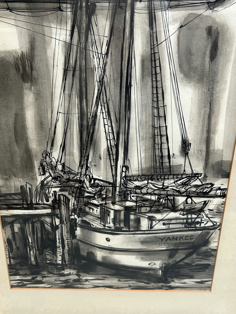  Sailboat at Dock Gouache Painting Signed Ohara  - image 3 of 5