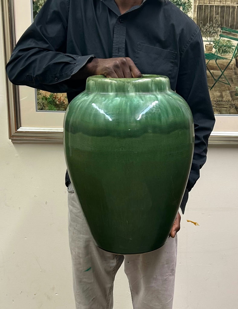 Mid-Century Large Green Pottery Vase USA Mark - image 2 of 5