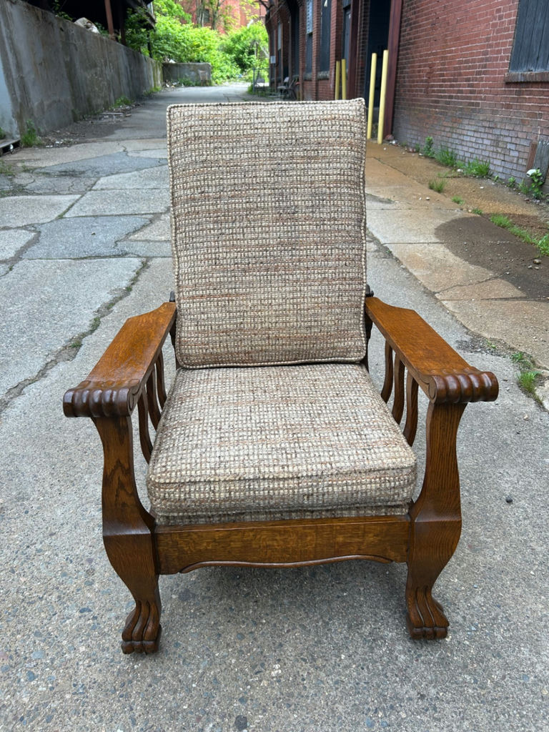 Antique Oak Recliner Morris Chair Tweed Upholstery - image 2 of 7