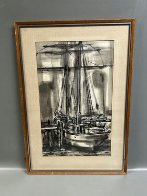 Sailboat at Dock Gouache Painting Signed Ohara - Image 1 of 5