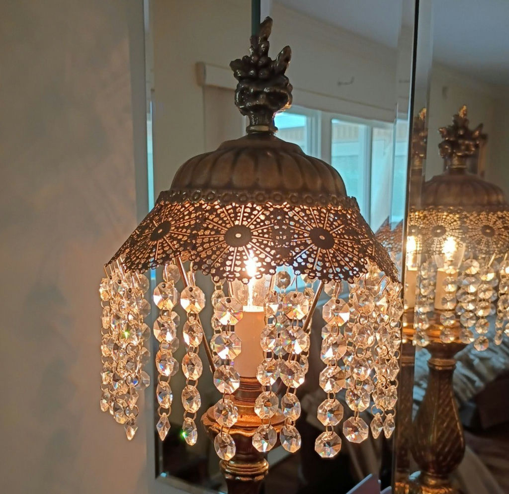 Ornate Brass Table Lamp with Crystal Beaded Shade - image 3 of 6