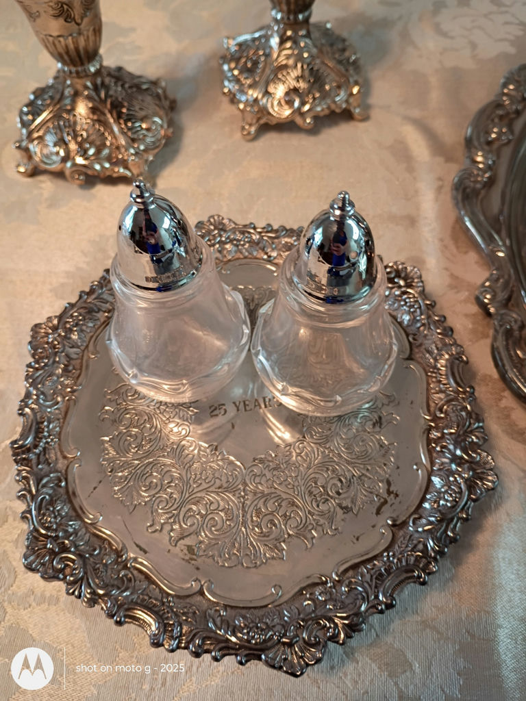 Silver-Tone Tea Service Set with Trays, Candlesticks, and Shakers - image 4 of 6
