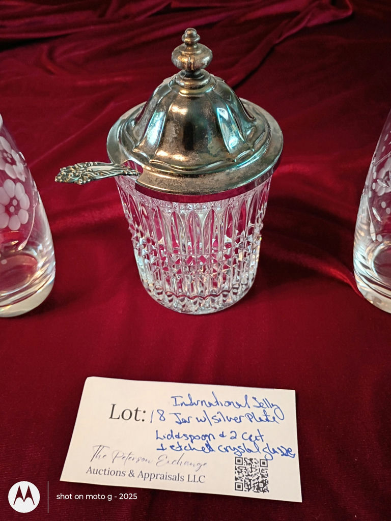 Crystal Jar with Silver-Plated Lid, Spoon, and Two Etched Crystal Glasses - image 1 of 4