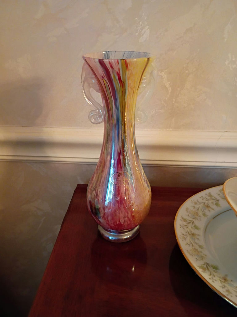 Multicolor Art Glass Vase with Decorative Handles - image 1 of 4