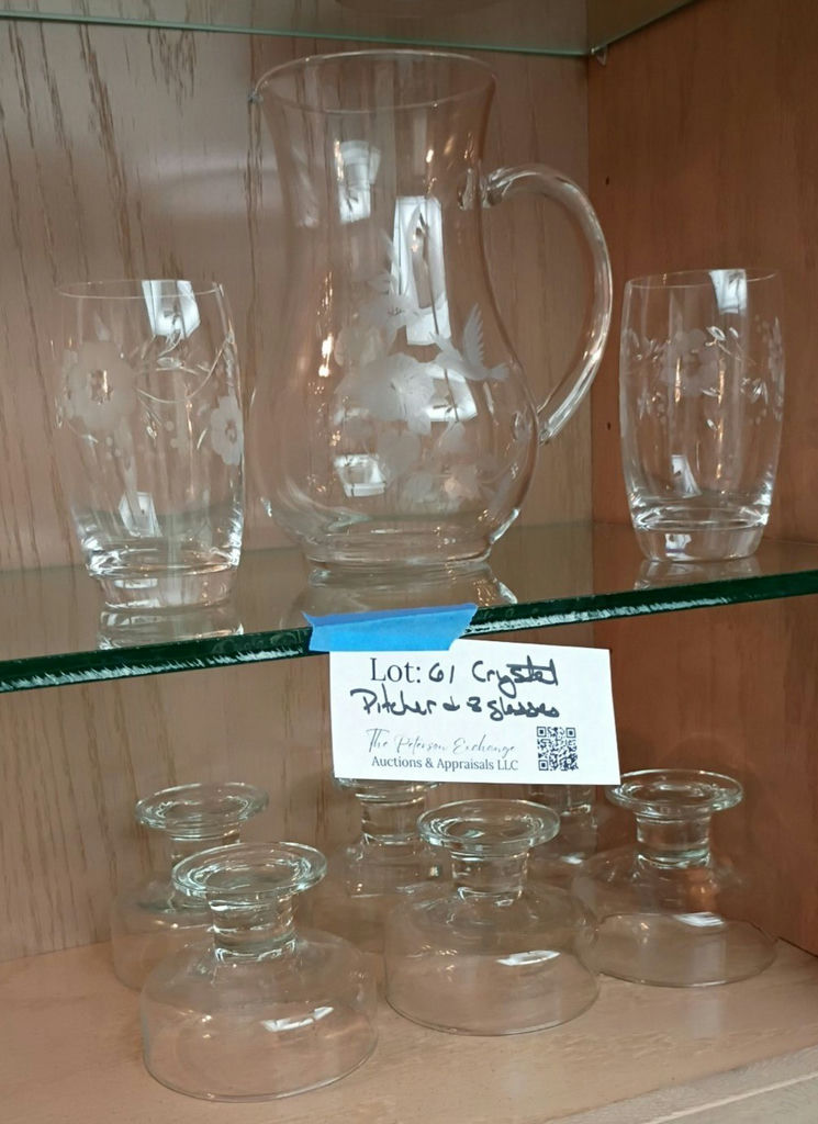 Glass Pitcher, Two Drinking Glasses, and Five Glass Candle Holders - image 1 of 5