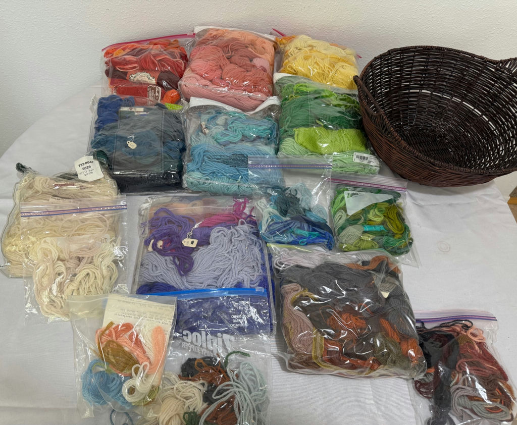 Assorted Yarn Skeins, Needlepoint Book, and Basket - image 1 of 2
