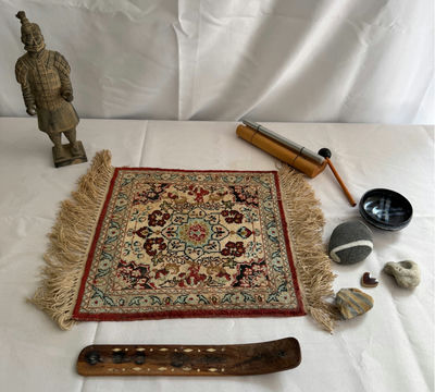 Terracotta Warrior statue, decorative fringe rug, and pottery/stone collection - Image 1 of 8