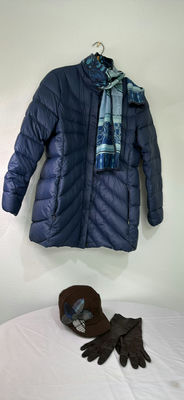 Navy blue Lands' End puffer coat with Adrienne Landau Studio scarf, brown cap and gloves - Image 1 of 13