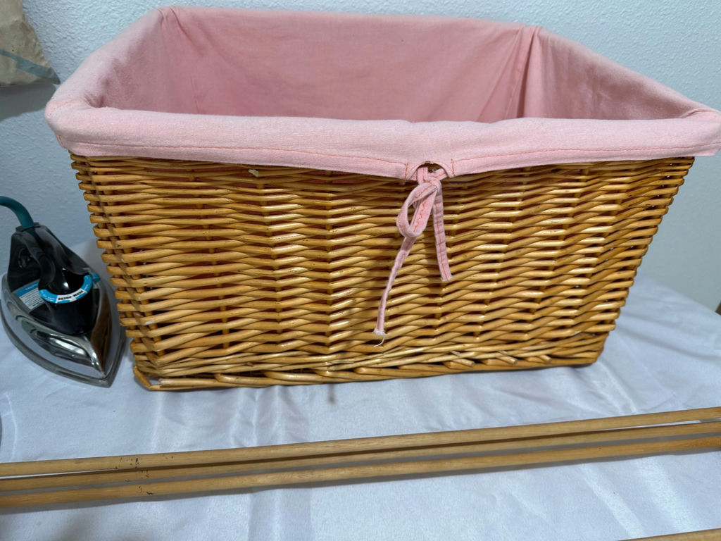 Ironing board with irons, wicker laundry basket, garment bag, and drying rack components - image 3 of 7