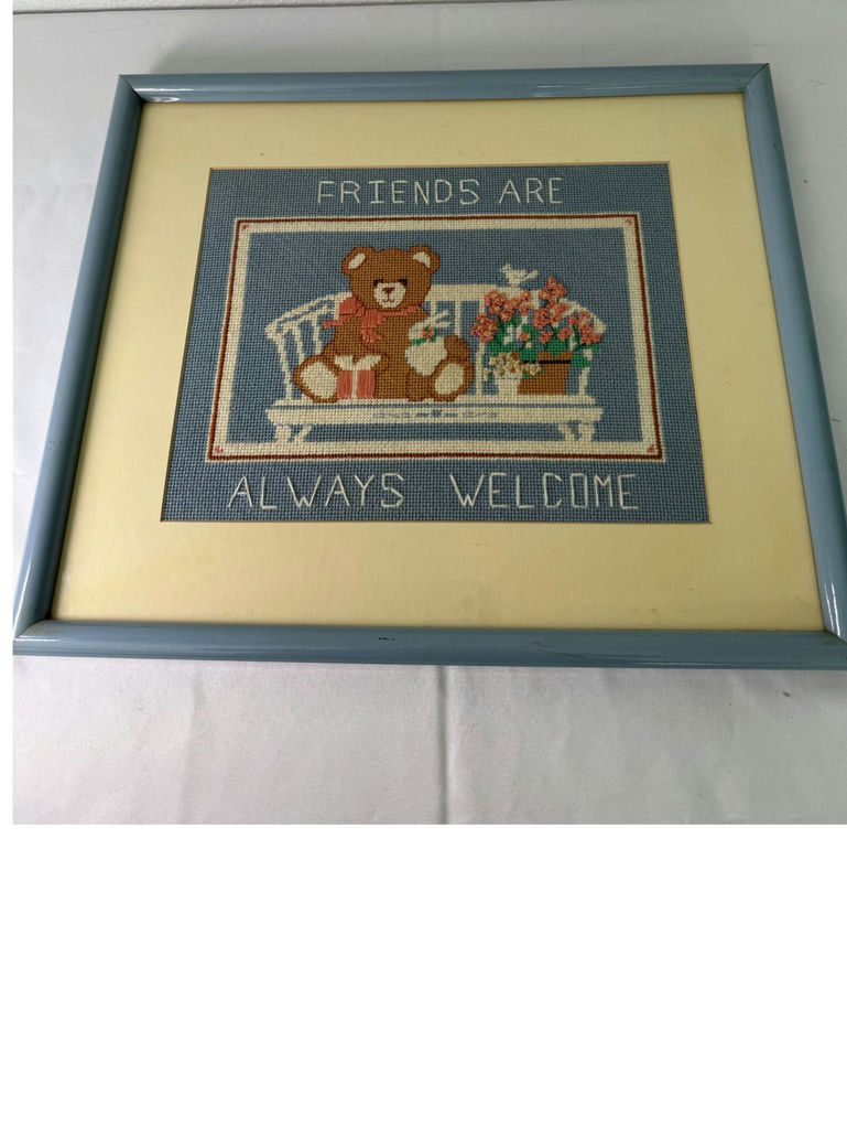 Three framed artworks: teddy bear cross-stitch, cat cross-stitch, and life-quote print - image 4 of 5