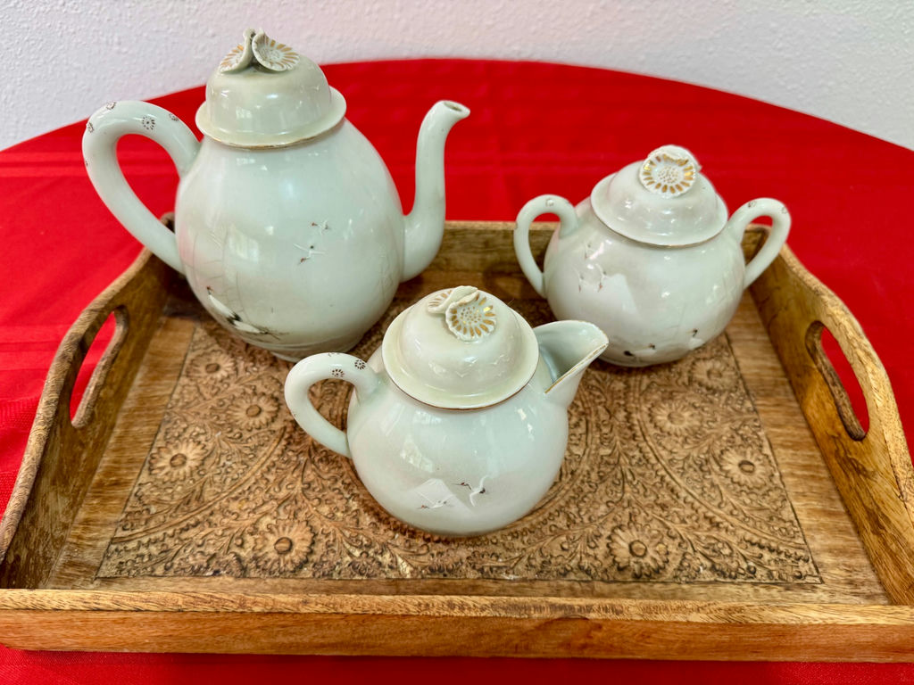 Vintage Japanese Kutani Eggshell Porcelain Tea & Dessert Set - Flying Cranes, 14-Pc - image 6 of 13