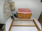 Ironing board with irons, wicker laundry basket, garment bag, and drying rack components - thumbnail 1 of 7