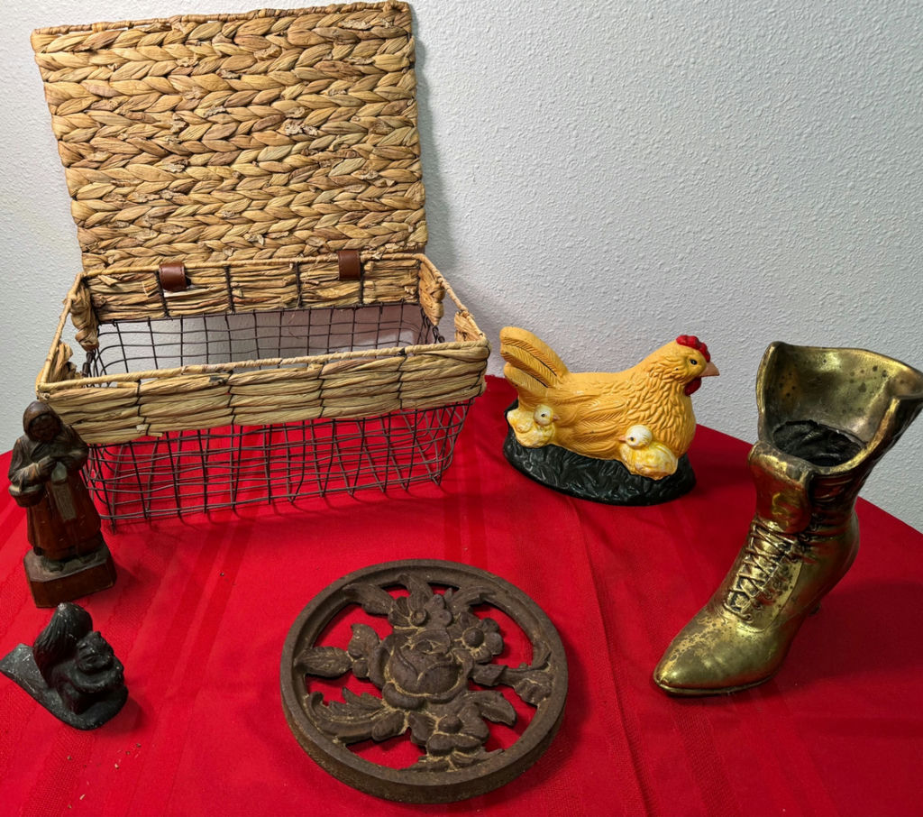 Eclectic Figurines and Woven Basket - image 1 of 6