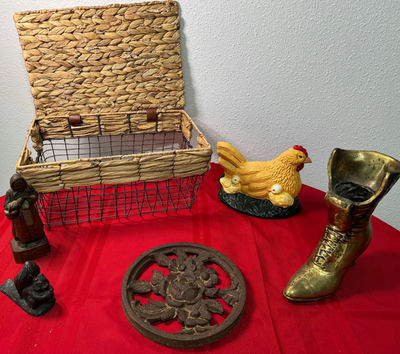 Eclectic Figurines and Woven Basket - Image 1 of 6