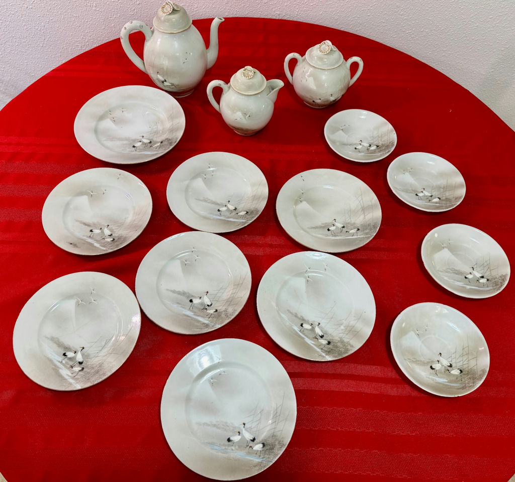 Vintage Japanese Kutani Eggshell Porcelain Tea & Dessert Set - Flying Cranes, 14-Pc - image 1 of 13