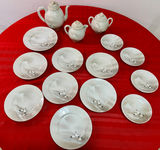 Vintage Japanese Kutani Eggshell Porcelain Tea & Dessert Set - Flying Cranes, 14-Pc - thumbnail 1 of 13