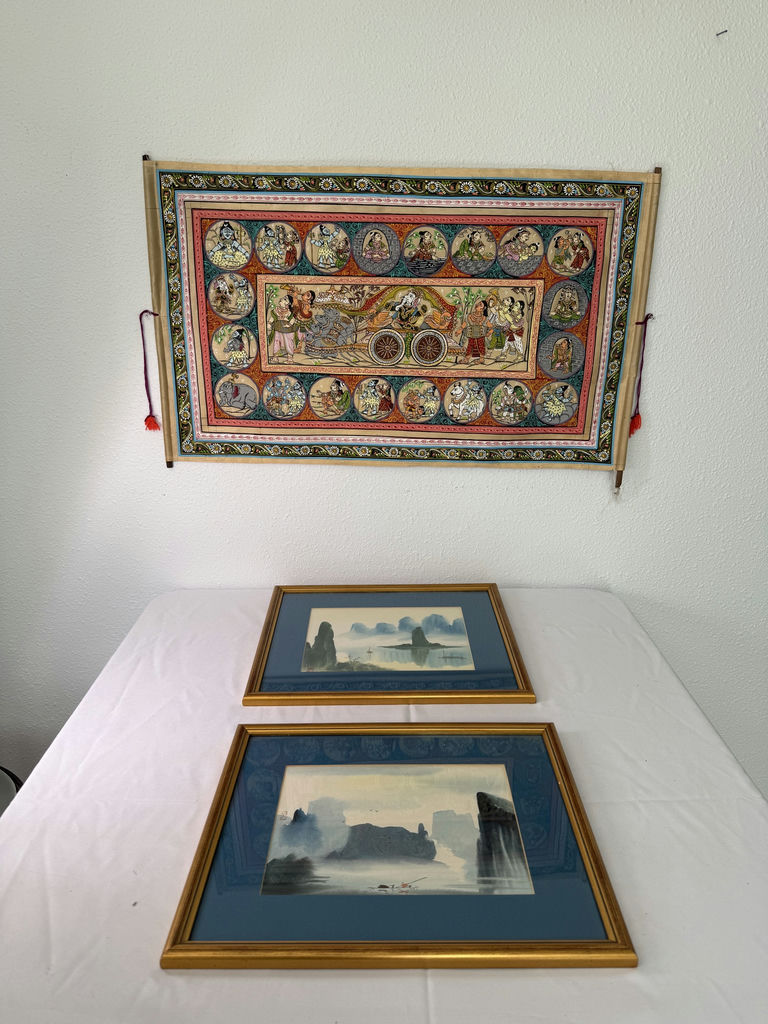 Antique Indian Tapestry, and twi Signed Chinese Watercolors - image 1 of 9