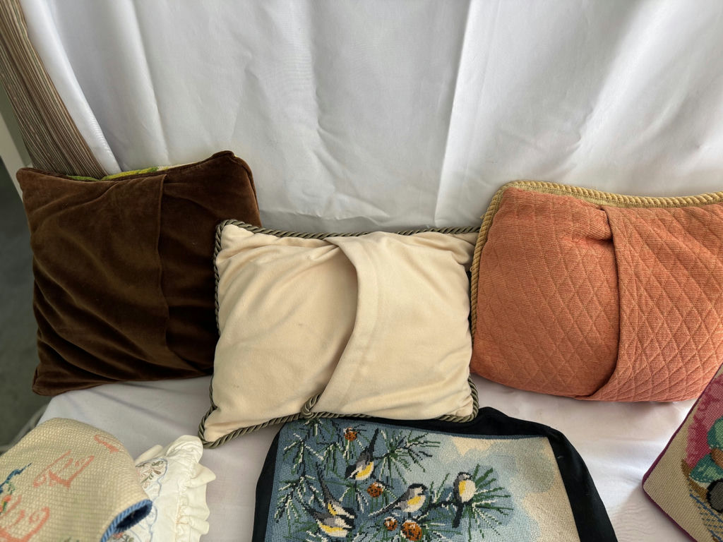 Needlepoint cushions, a woven basket, and a tapestry-top stool - image 3 of 7