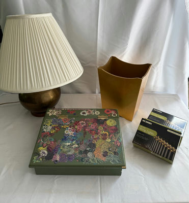 Lamp, decorative boxes, vase, and LED string lights - Image 1 of 6