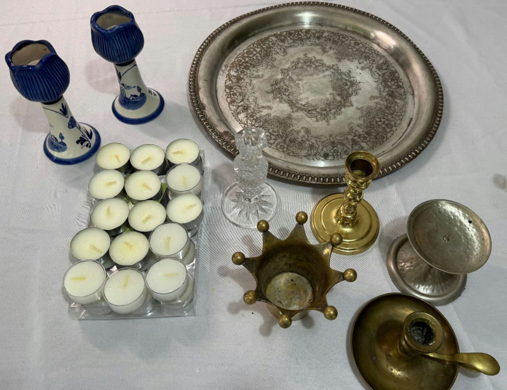 Silver Platter and Delft Blue Candlestick Holders - image 1 of 6