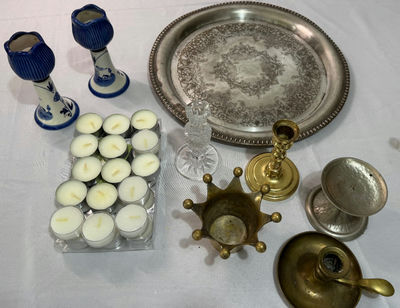 Silver Platter and Delft Blue Candlestick Holders - Image 1 of 6