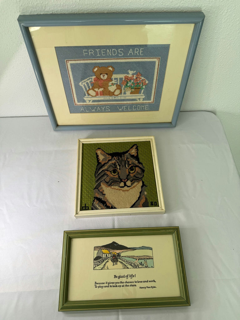 Three framed artworks: teddy bear cross-stitch, cat cross-stitch, and life-quote print - image 1 of 5