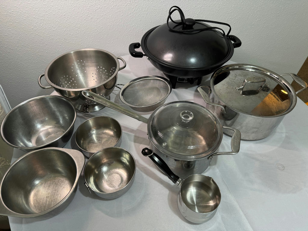 Assorted stainless steel cookware including All-Clad and Farberware pieces with Aroma electric wok - image 1 of 9