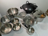 Assorted stainless steel cookware including All-Clad and Farberware pieces with Aroma electric wok - thumbnail 1 of 9