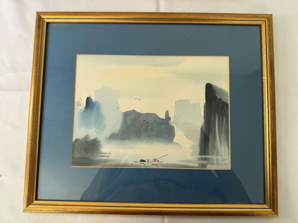Antique Indian Tapestry, and twi Signed Chinese Watercolors - image 8 of 9
