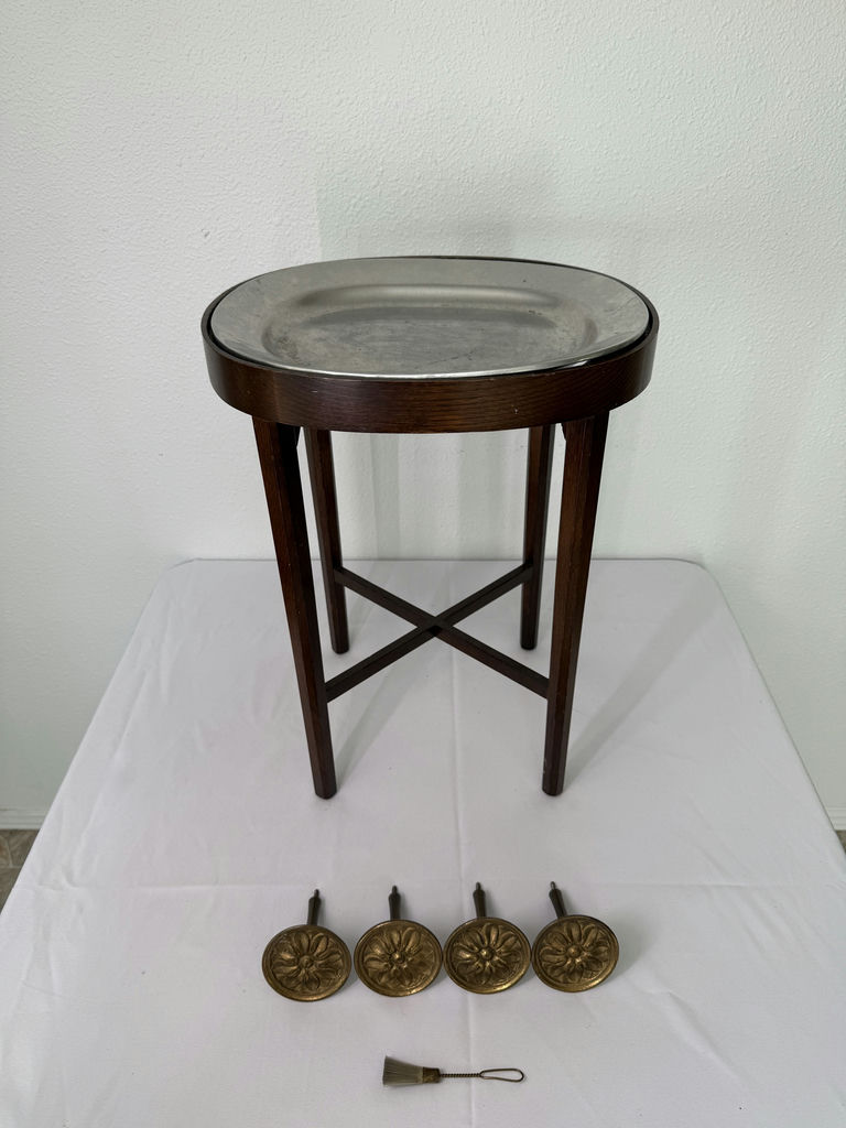 Unique small Table with Pewter top, Brass Curtain Stays - image 1 of 6