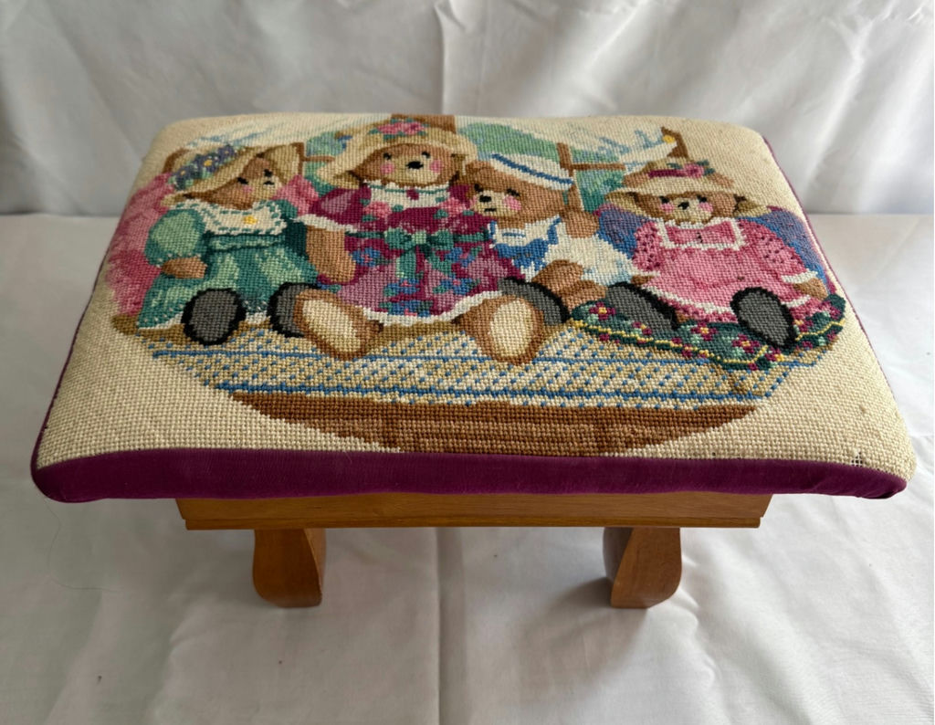 Needlepoint cushions, a woven basket, and a tapestry-top stool - image 5 of 7
