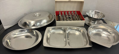 MCM Stainless Steel Serving Dishes and Warming Stand - Image 1 of 9