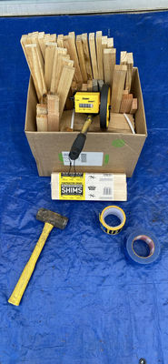 Wood shims, hammer, measuring wheel, and tape - Image 1 of 8