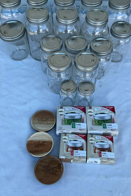 Mason jars with metal lids, Kerr lid boxes, and Ball wooden coasters - Image 1 of 4