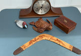 Antique mantel clock with carved turtle figurine, jewelry box, and curved decorative panel - thumbnail 1 of 6