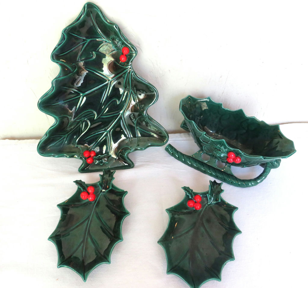 Vintage Lefton Holly Berry Tree Sleigh and Candy Dishes - image 2 of 8