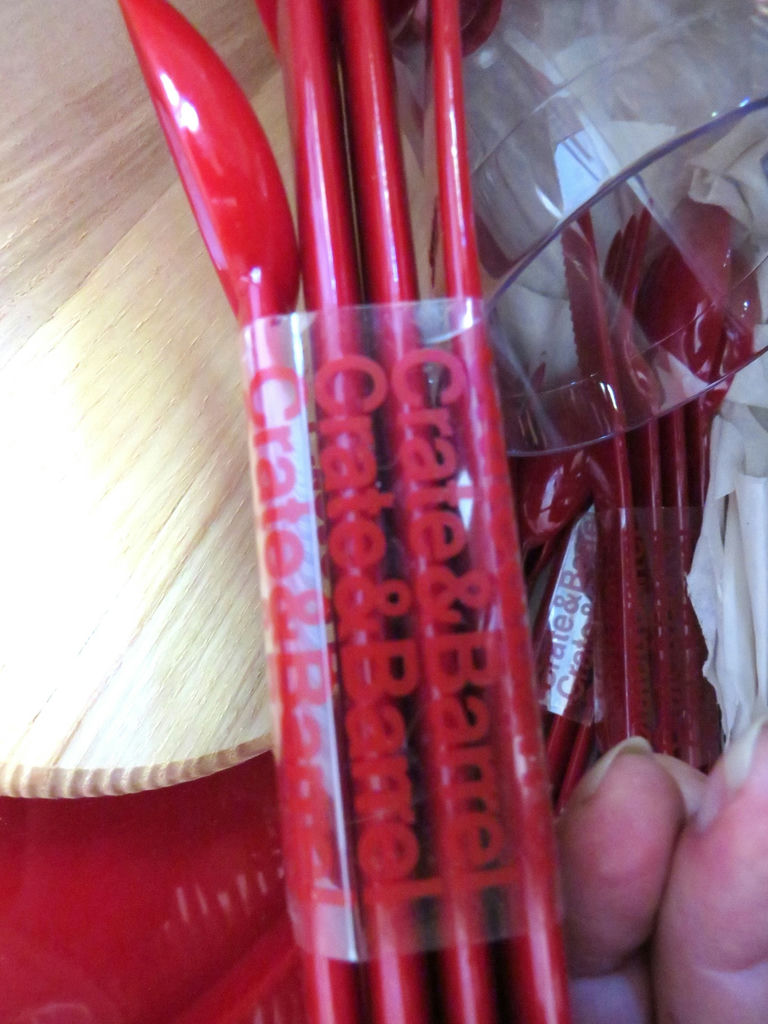 Wicker Picnic Basket with Bodum Crate & Barrel Red Plasticware Set of 4 - image 5 of 8