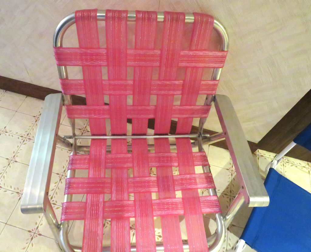 Vintage low webbed pink lawn chair and low canvas chair - image 4 of 5