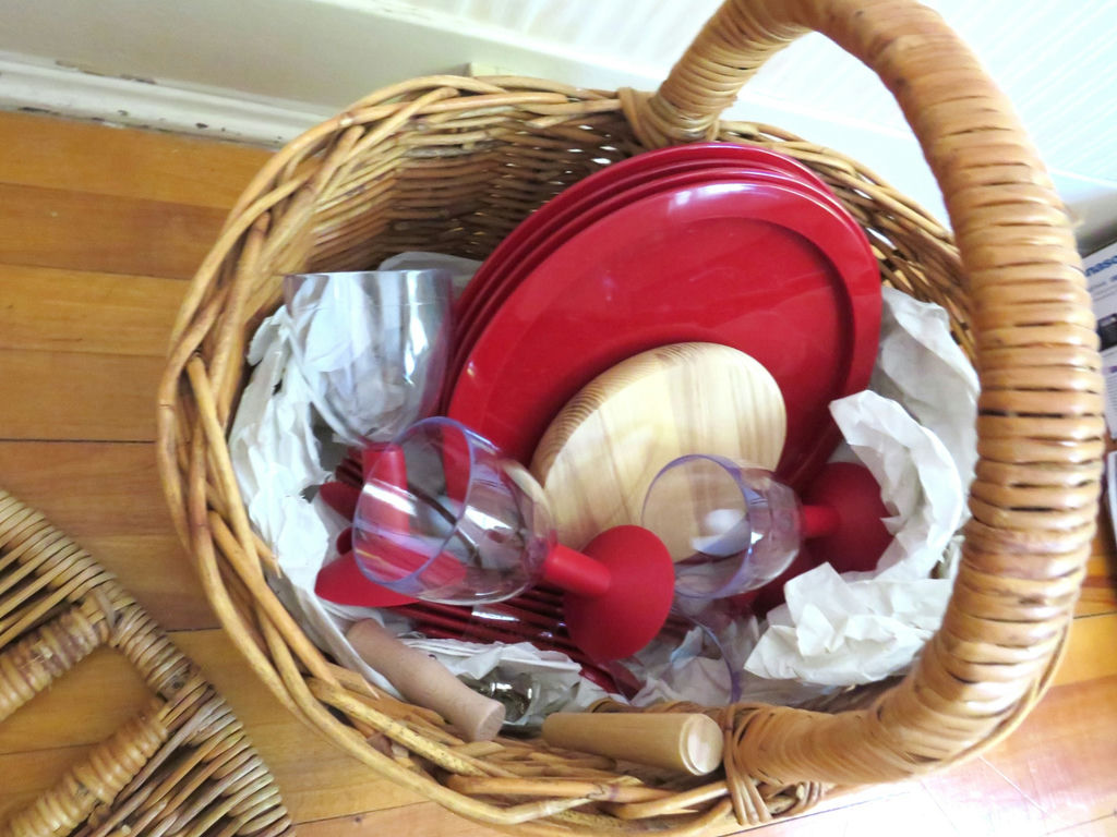 Wicker Picnic Basket with Bodum Crate & Barrel Red Plasticware Set of 4 - image 2 of 8